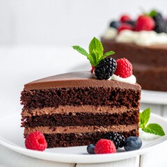 Close-up of chocolate cake slice with fresh berries and whipped cream on white plate