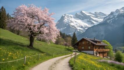 Blooming Tree in Front of Rustic Wooden House in the Alps – Spring Mountain Landscape