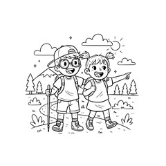 Children hiking backpack coloring book outline illustration