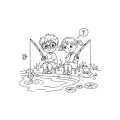 Children kids fishing pond coloring book outline illustration