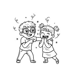 Children kids brother teasing sister laughing playful outline illustration