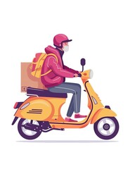 Food courier on scooter with delivery box, cartoon vector style, faceless rider, pastel colors, flat design, isolated white background, commercial stock illustration.