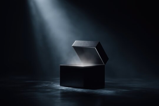 a mysterious black box with an open lid, emitting light from the inside on a dark background.