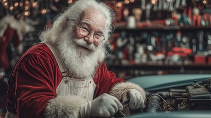 a smiling santa claus in an apron and overalls is repairing the engine of his vintage car. the scene has a christmas atmosphere, with a garage filled with tools on shelves.