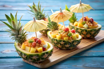 Exotic Pineapple Fruit Salad Served in Pineapple Shells with Decorative Umbrellas on Wooden Board