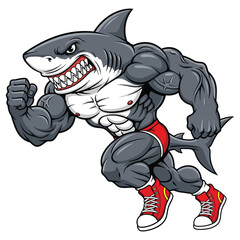Muscular cartoon shark running with sneakers and a determined expression