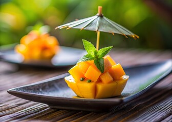 Delicious Mango Dessert with Mint and a Decorative Umbrella on a Dark Plate
