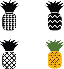 Set of Four Pineapple Icons Varied Modern Graphic Styles and Tropical Fruit Symbols, Black and White and Color Pineapple Silhouettes with Different Pattern Textures