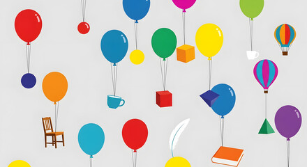 Whimsical Balloons Carrying Everyday Objects Symbolizing Imagination and Creative Thinking