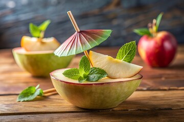 Apple Dessert Bowls with Fresh Mint and Paper Umbrellas on a Rustic Wooden Table