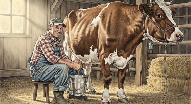 Dairy Farmer Milking Cow in Barn - A Traditional Scene.