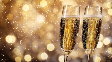 Two champagne flutes with champagne against a glittering background. The celebration concept of joy and celebration. The image emphasizes the elegance and sophistication of the drink.