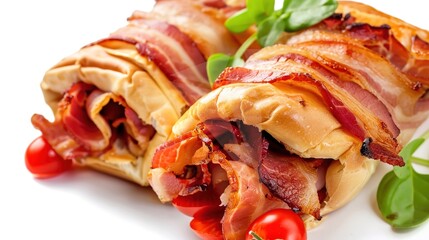 Bacon Roll on White Background – a delicious and simple culinary visual. The bacon roll on a clean white background highlights appetizing textures and savory appeal.