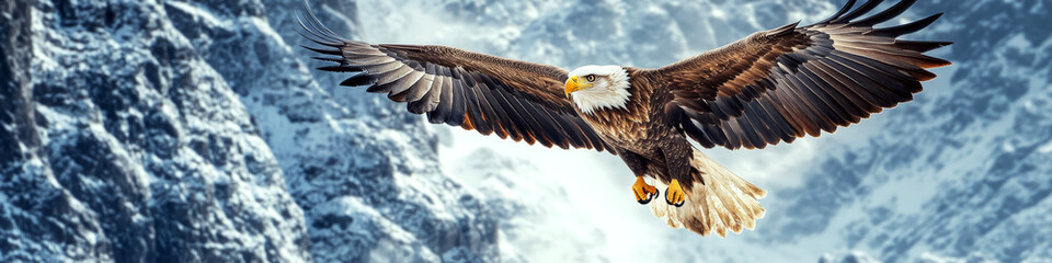 An eagle soars through the sky with snow-covered mountains in the background. Concept of freedom and nature's majesty.