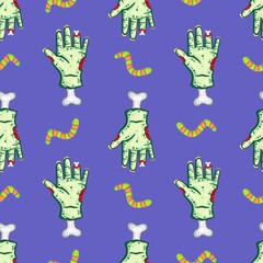 Zombie Hand Seamless Pattern Creepy Cute Halloween Purple Background