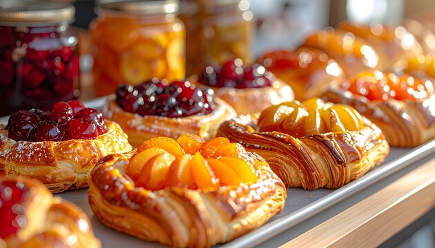 Display of assorted freshly baked Danish pastries topped with glazed cherries, mixed berries, and sliced apricots/peaches.