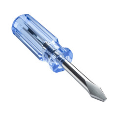 Fototapeta premium Flathead screwdriver with a translucent blue handle rests diagonally against a dark background, displaying its metallic shaft and head, showcasing a view of this common hand tool.
