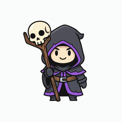 Cute Cartoon Necromancer Wizard with Skull Staff.
