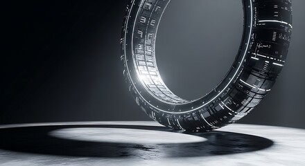 Intricate Circular Structure with Reflective Surface and Dramatic Lighting