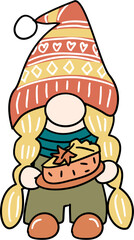 Autumn gnome holding pumpkin maple pie  illustration