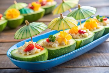 Summer Appetizer Zucchini Boats Filled with Cream Cheese and Fruit Topped with Umbrellas