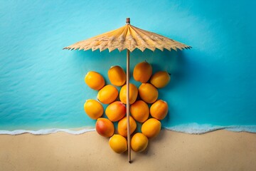 Apricots on a Beach Under a Parasol Summer Vacation Tropical Fruit and Refreshing Treat