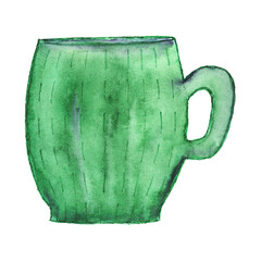 A colorful mug with a retro-style watercolor painting. Hand-painted ceramic dishes. Multicolored dishes on a white background.