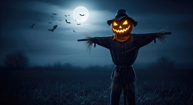 Mysterious scarecrow with a glowing pumpkin head under a full moon in a dark field.
