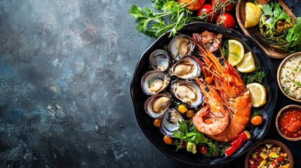 A plate of seafood with shrimp, clams, and mussels on a dark blue background.