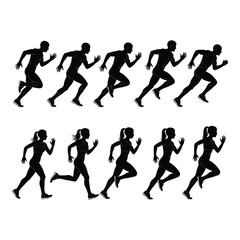 Dynamic silhouettes of men and women running in stride motion sequence silhouette