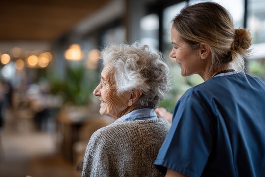 Smiling senior woman with caregiver support indoors, ideal for healthcare campaigns, elderly care promotion or lifestyle editorials