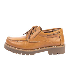 Detailed side view showcases a single leather shoe in a warm tan hue, complete with laces and a rugged sole against a stark black backdrop, accentuating the shoe's texture and design.