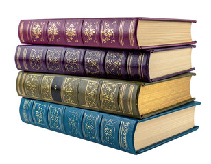 Stacked collection of vintage hardcover books showcases embossed details with intricate gold-colored designs adorning their spines and covers, set against a stark black background, emphasizing their