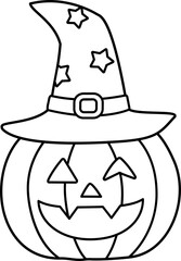 Halloween Jack O Lantern with Witch Hat Vector Illustration Outline.
Cute Pumpkin Lantern with Wizard Hat Halloween Clipart Coloring Pages isolated.
Transparent background.