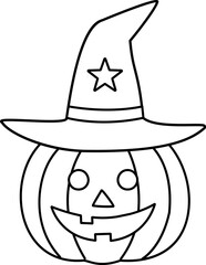 Halloween Jack O Lantern with Witch Hat Vector Illustration Outline.
Cute Pumpkin Lantern with Wizard Hat Halloween Clipart Coloring Pages isolated.
Transparent background.