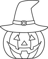 Halloween Jack O Lantern with Witch Hat Vector Illustration Outline.
Cute Pumpkin Lantern with Wizard Hat Halloween Clipart Coloring Pages isolated.
Transparent background.