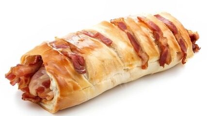 Bacon Roll on White Background – a delicious and simple culinary visual. The bacon roll on a clean white background highlights appetizing textures and savory appeal.