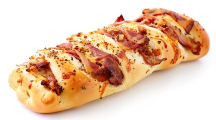 Bacon Roll on White Background – a delicious and simple culinary visual. The bacon roll on a clean white background highlights appetizing textures and savory appeal.