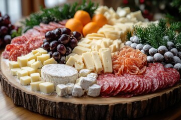 Assorted cheese, meat, and fruit on a wooden platter.
