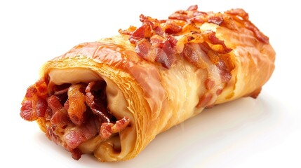 Bacon Roll on White Background – a delicious and simple culinary visual. The bacon roll on a clean white background highlights appetizing textures and savory appeal.