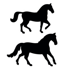 Two elegant black horse silhouettes in motion against a white background