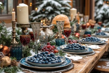 Table set for Christmas dinner with blue and red berries.