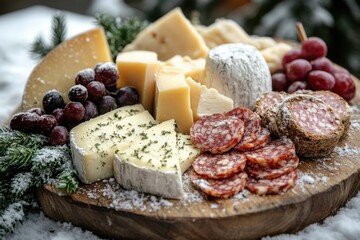 Cheese, salami, and crackers on a wooden platter.
