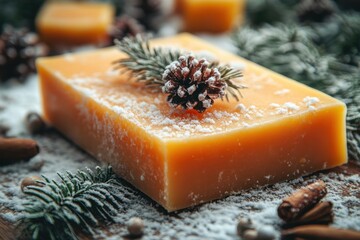 Soap bar with pine and cone atop.