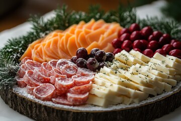 Plate of cheese, meat, and fruit.