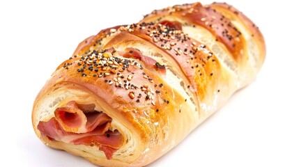 Bacon Roll on White Background – a delicious and simple culinary visual. The bacon roll on a clean white background highlights appetizing textures and savory appeal.