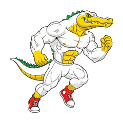 Muscular cartoon alligator running in red sneakers