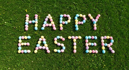 "Happy Easter" Spelled with Pastel Candy Eggs on Bright Green Grass Background