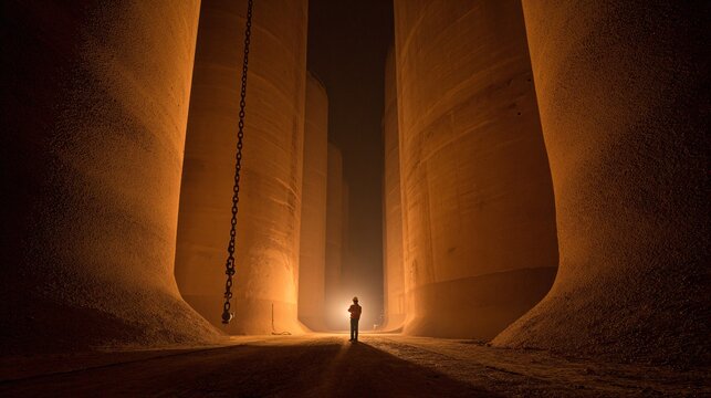 Alone Among Giants &mdash; Worker Between Industrial Silos