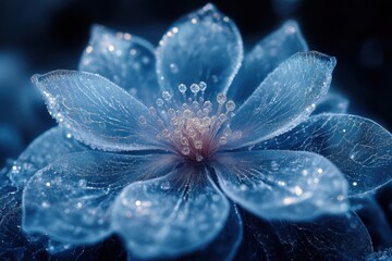 Blue flower glistening with water droplets.